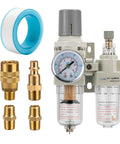 One Quarter Inch NPT Compressed Air Filter Regulator Lubricator Combo with brass fittings and polyethylene bowl, front view.