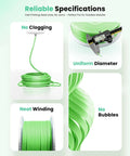 Green PLA filament demonstrating reliable specifications with no clogging, uniform diameter, neat winding, and no bubbles.