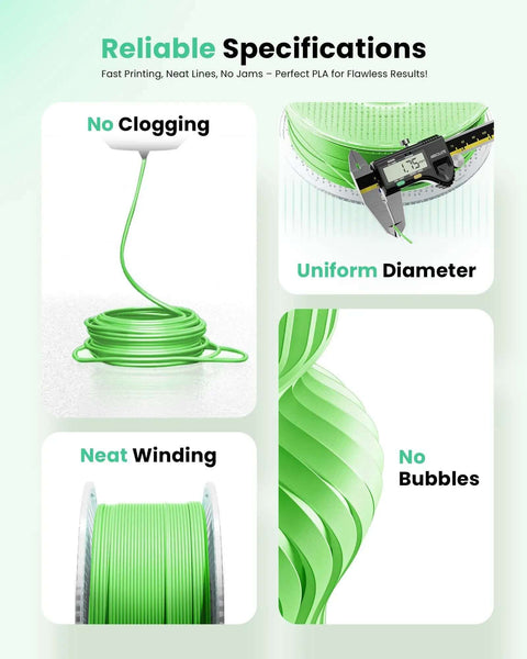 Green PLA filament demonstrating reliable specifications with no clogging, uniform diameter, neat winding, and no bubbles.