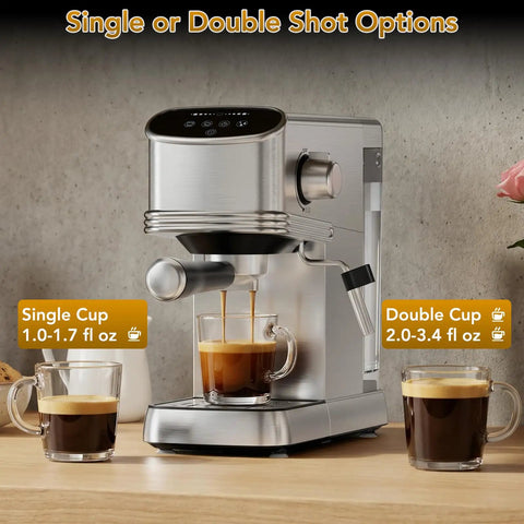 No Fuss Barista Style Shots At Home With This Compact Stainless Steel Espresso Maker Featuring 20 Bar Pressure integrated steam frother and roomy 45 oz water tank for silky lattes, showcasing single and double shot options.
