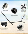 Close-up of metal stand features of Two Person Outdoor Hammock With Adjustable Metal Stand For Patio Or Garden in black.