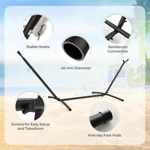 Close-up of metal stand features of Two Person Outdoor Hammock With Adjustable Metal Stand For Patio Or Garden in black.