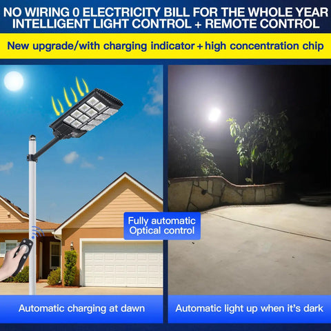 1000W Solar Street Light With 60000 Lumens, 456 LEDs illuminating a yard at night with remote control illustration