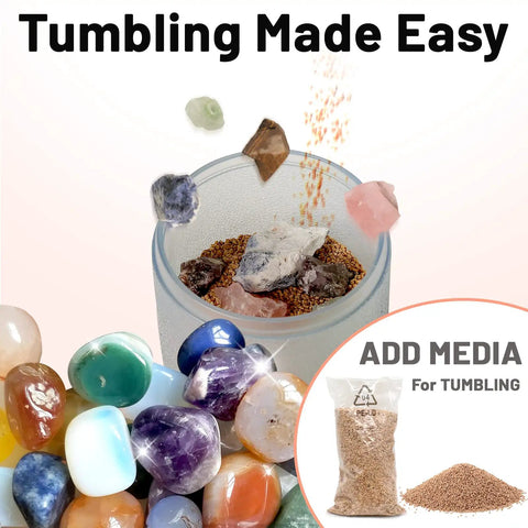 3Lb Rock Tumbler For Jewelry Making And Polishing, Brown Finish, with stones and tumbling media shown