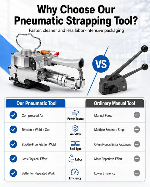 Handheld Pneumatic Baler Strapping Tool With 3500 N Automatic Tensioning Welding And Cutting Function For Buckle Free Packaging Of Heavy Duty PP PET Straps In Factory Warehouse Settings Effortlessly displayed next to a manual tool.