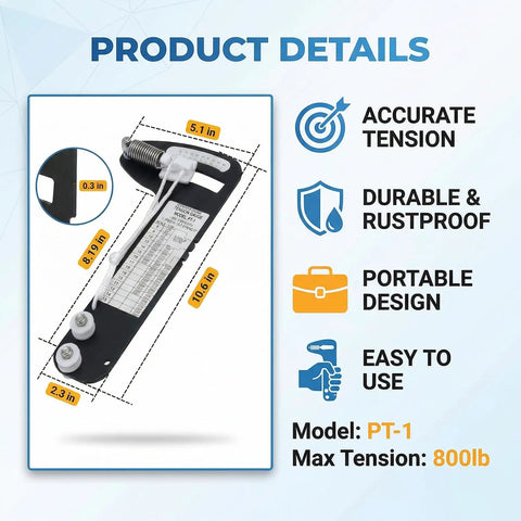PT-1 Professional Hands-Free Sailboat Rigging Tension Gauge for Accurate Force Readings in Forestays and Shrouds and Standing Rigging Measures 2.55mm 3mm and 4mm Wire Rope with ±5% Accuracy Up to 360 Kg (800 Lb), black gauge with measurements