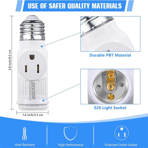3 Pack E26 Light Socket To Plug Adapter 2-In-1 Converter Turns A Standard Lamp Socket Into Grounded 3-Prong Outlet While Keeping Bulb Socket Handy For Small Devices In Garage Porch And Utility Areas White