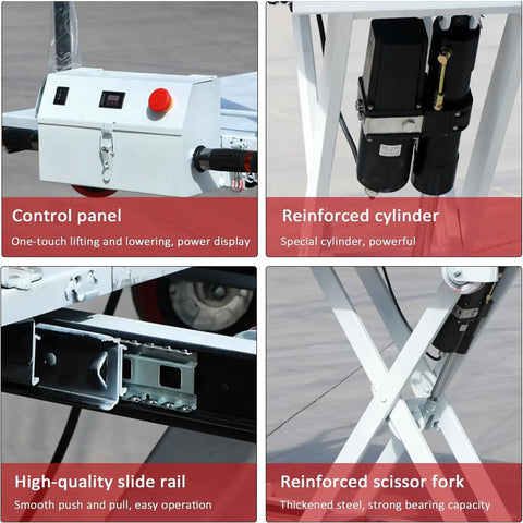 Rock Solid Electric Hydraulic Scissor Lift Cart With Six Hundred Sixty Pound Load Rating And Forty Inch Foldable Work Platform control panel, cylinder, slide rail, scissor fork details.