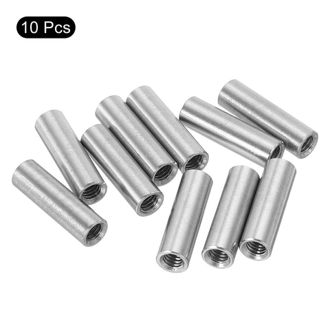 Round M4 Coupling Nuts Set Of 10, 304 Stainless Steel, 20mm Length, M4x0.7 Thread, visible individual nuts on display