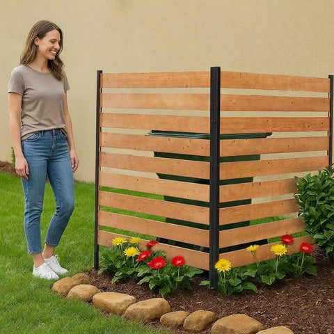 Wood Privacy Fence Screen 48 By 48 Inch Panels for Outdoor Yard holding garden tools, flowers around, person standing by.