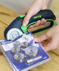 Zeite 4 V Cordless Electric Scissors Cardboard Cutter with blades package, easy grip design, perfect for crafting and home tasks.