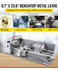Heavy Duty Brushless Mini Metal Lathe Machine 750W Variable Speed Led 8.7 Inch Swing Over Bed 23.6 Inch Length showing control panel and tool setup.