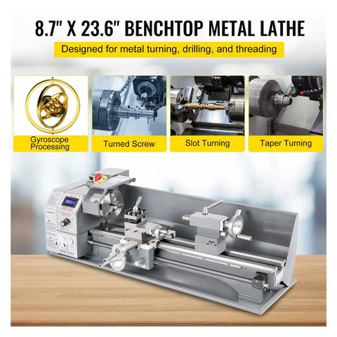 Heavy Duty Brushless Mini Metal Lathe Machine 750W Variable Speed Led 8.7 Inch Swing Over Bed 23.6 Inch Length showing control panel and tool setup.