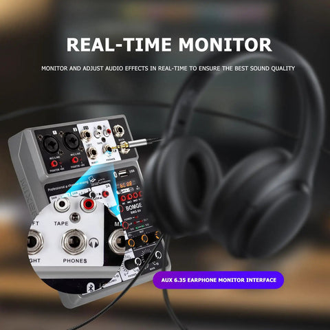 4 Channel Digital USB Bluetooth Audio Mixer For Recording, Live Streaming, And Podcasting With Echo Delay, 48V Phantom Power