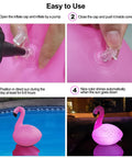 Steps showing how to set up Solar Flamingo Floating Pool Lights 4 Pack, Solar Powered LED Flamingo Lights in pool and garden.
