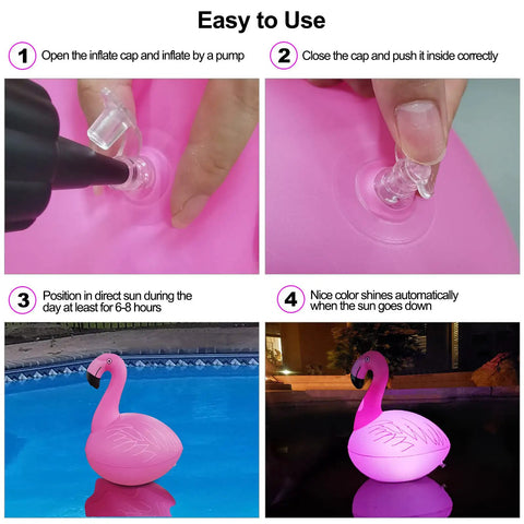 Steps showing how to set up Solar Flamingo Floating Pool Lights 4 Pack, Solar Powered LED Flamingo Lights in pool and garden.