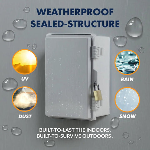 Heavy Duty Gray Weatherproof Electrical Junction Box With Hinged Lid And Nema 4x Polycarbonate Construction Outdoor Cabinet shown with rain droplets