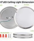10 Inch Flush Mount LED Ceiling Light Fixture, 17W 1100 lm, adjustable color temperature, brushed nickel, dimensions and accessories
