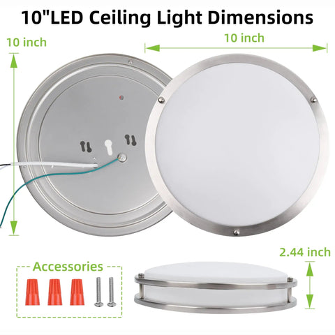 10 Inch Flush Mount LED Ceiling Light Fixture, 17W 1100 lm, adjustable color temperature, brushed nickel, dimensions and accessories
