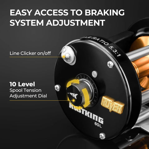 Close-up of braking system with dial on Rover Round Baitcasting Reel For Right Handed Fishing, Heavy Duty Aluminum.