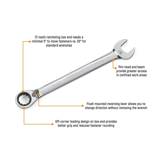 12 Point Reversible Ratcheting Combination Wrench 15/16 Inch Slim Profile Box End With 72 Tooth Quick Action Mechanism Easy Access In Tight Spaces