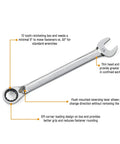 10 Piece 12 Point Flex Head Ratcheting SAE Wrench Set With Tool Roll, close-up of 72-Tooth Box End and off-corner loading design on wrench