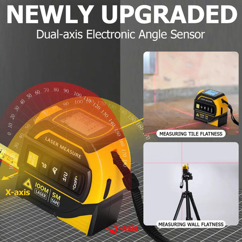 4-In-1 Digital Laser Tape Measure With 328 Ft Range And 16 Ft AutoLock Tape, Dual-axis leveling on tile and wall