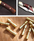 Brass Knife Handle Rivet Fasteners 10 Pack Tactical Lock Rivets For DIY EDC Projects shown with tools and knife handles.