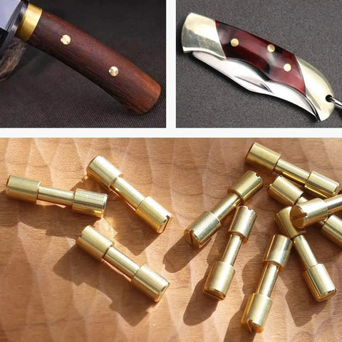Brass Knife Handle Rivet Fasteners 10 Pack Tactical Lock Rivets For DIY EDC Projects shown with tools and knife handles.
