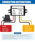 DC 24V To 12V Buck Converter 60W 5A Waterproof Regulator with connection instructions and labeled input-output wires