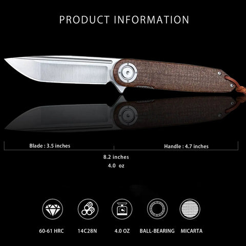 Edc Pocket Folding Knife With 3.5 Inch 14C28N Blade, ball bearing, liner lock, Micarta handle showcasing detailed product specs