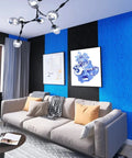 Modern living room with blue and black walls, featuring Egg Crate Acoustic Foam Panel 48 By 24 By 2 Inches Black for soundproofing.