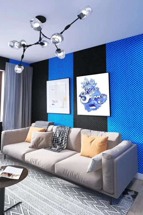 Modern living room with blue and black walls, featuring Egg Crate Acoustic Foam Panel 48 By 24 By 2 Inches Black for soundproofing.