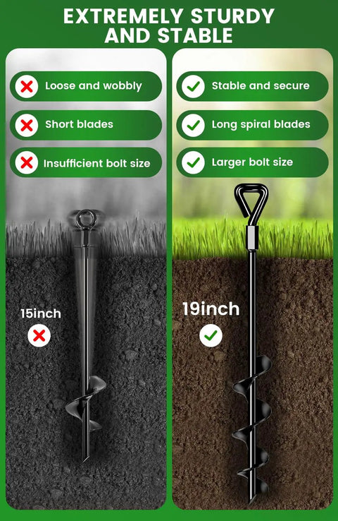 Comparison of 15-inch and 19-inch Heavy Duty Trampoline Ground Anchors, showing stability and spiral blade differences.