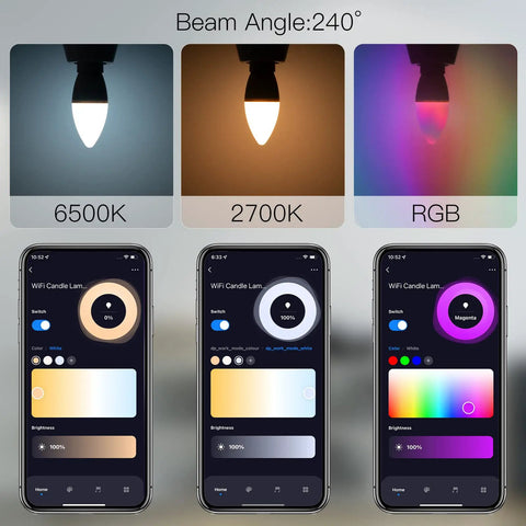 Smart Candelabra LED Bulbs With WiFi E12 Base 2700K-6500K CCT CW and RGB Dimmable displaying color options and app controls