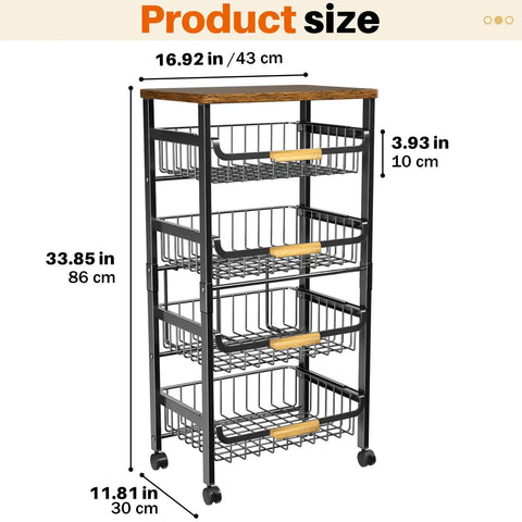 Five Tier Rolling Utility Cart With Wheels Big Capacity Kitchen Storage Cart With Wooden Top And Mesh Baskets, dimensions shown.