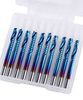Set of 10 blue-coated flat-nose end mills with 1/8 in shank for CNC routing; upcut, single flute