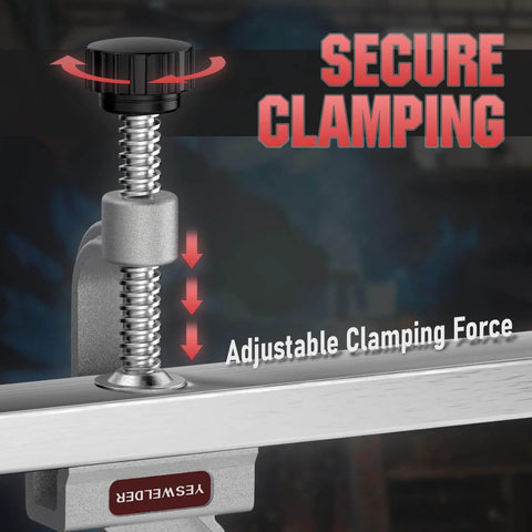 Close-up of a 90 Degree Tube Clamp Aluminum Right Angle Corner Clamp for Welding, Woodworking, Diy Projects and Cabinet Making with adjustable clamping force shown.