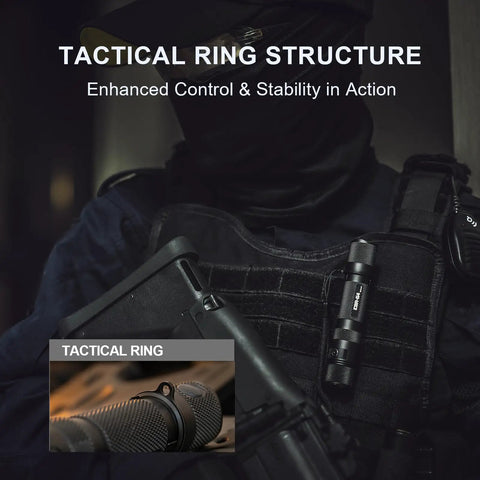 E9R G4 Tactical Flashlight 2550 Lumen Rechargeable LED attached to tactical vest, showing ring structure for stability