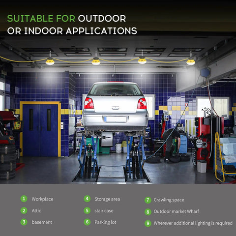 Car lifted in garage illuminated by Ultra Bright 100 Foot LED Construction String Lights With Aluminum Housing 200W Total Power