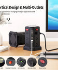 Heavy Duty Surge Protector Power Tower With 5 USB Ports And Night Light, 10 ft extension cord and 12 AC outlets on a desk