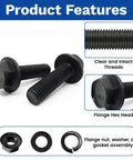 16 Piece M8 x 25mm Flange Head Bolts Kit With Serrated Flange Nuts And Washers In Carbon Steel Black Oxide Finish Full Thread Fasteners Set