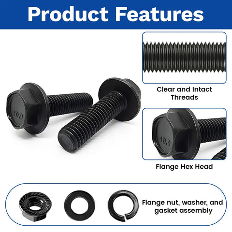 16 Piece M8 x 25mm Flange Head Bolts Kit With Serrated Flange Nuts And Washers In Carbon Steel Black Oxide Finish Full Thread Fasteners Set