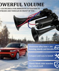 Heavy Duty 12 Volt Dual Trumpet Electric Air Horn With Turbo Compressor, Badass 135 Decibel Ripping Blast, Solid Copper Build, Universal Fit For Trucks SUVs Motorcycles Pickups Black, close-up of dual trumpet horns.