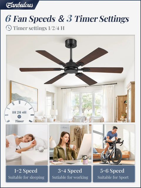 Beefy 52 Inch Ceiling Fan No Light With Remote Modern Ceiling Fan Without Light Dual Finish Six Blades Reversible Quiet DC Motor Six Speed Large Ceiling Fan For Indoor Or Covered Outdoor Black in living room setting.
