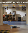 Front view of Roborock Qrevo robot vacuum on hardwood floor in a living room; black circular cleaning robot.