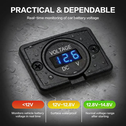 Ride-Ready Round Digital Voltage Gauge For Marine, Automotive, Motorcycle, Car, Truck, And RV 12V 24V 36V Battery Monitor With Blue LED Display, Flexible Mounting Panel Or Direct Mount, Clear Readout, waterproof black panel