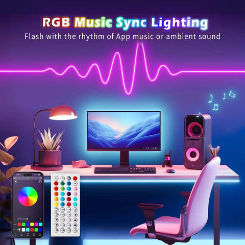 Desk setup with Neon Rope Lights 32.8ft 10m LED Neon Strip Lights With Remote App Control IP65 Waterproof for sync music lighting