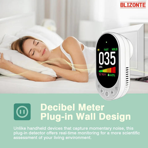 Plug-In Wall Decibel Meter With 3-In-1 Noise Temp And Humidity Detector For Home, Classroom, Library Or Rental, Real-Time Sound Level Readout With Fast Or Slow Refresh, Max/Min Data Hold, 30-130 dBA on wall outlet