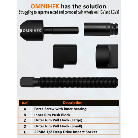 Heavy-Duty 5-Piece Dual Wheel Separator Kit With 11-Thread Pusher showing components layout for trucks and buses